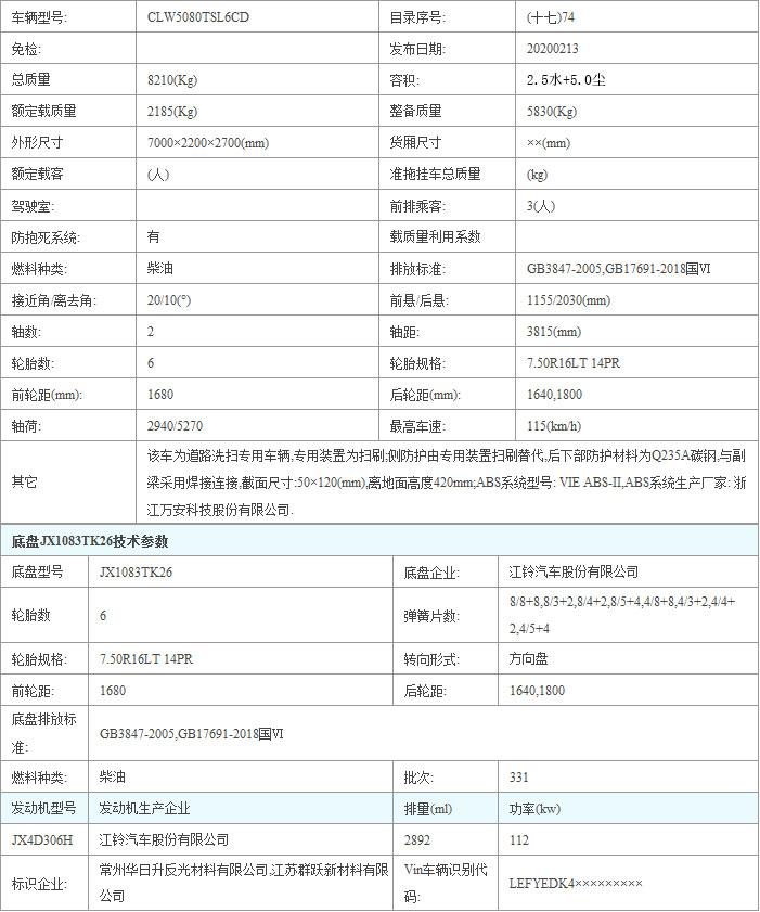 江鈴凱悅掃路車參數(shù)